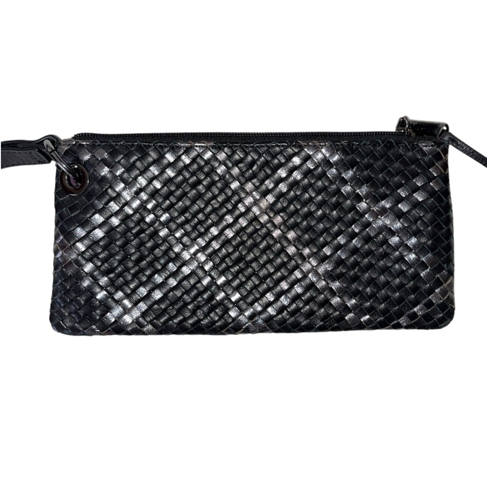 HOBO Vida Woven Women’s Metallic Black & Silver Leather Clutch